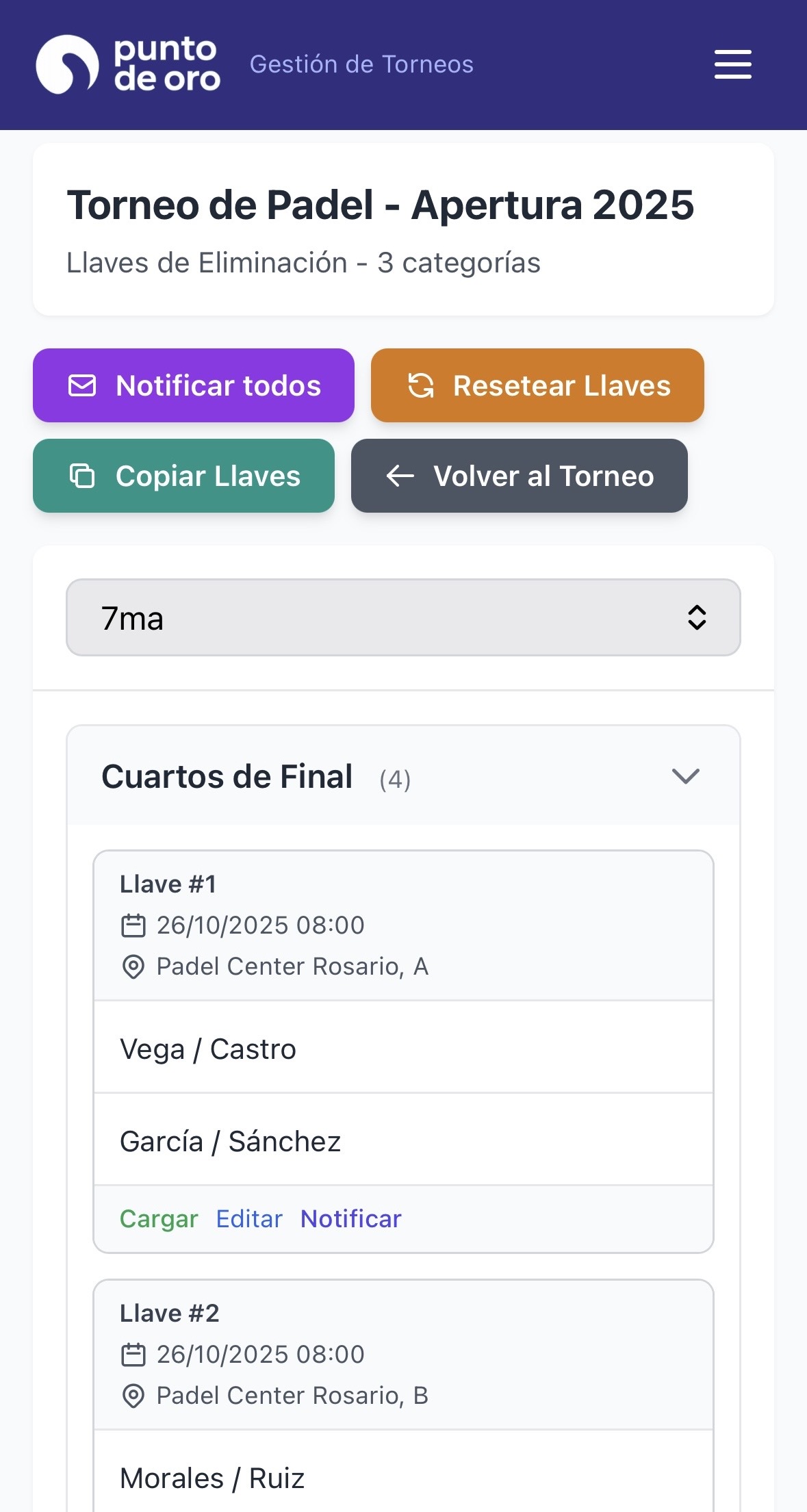 Vista de Llaves del Torneo